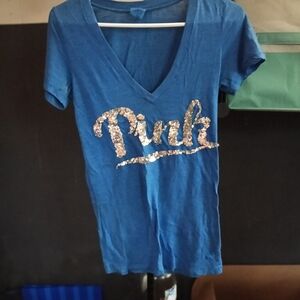 PINK Victoria's Secret Blue Sequin Logo V-Neck Tee